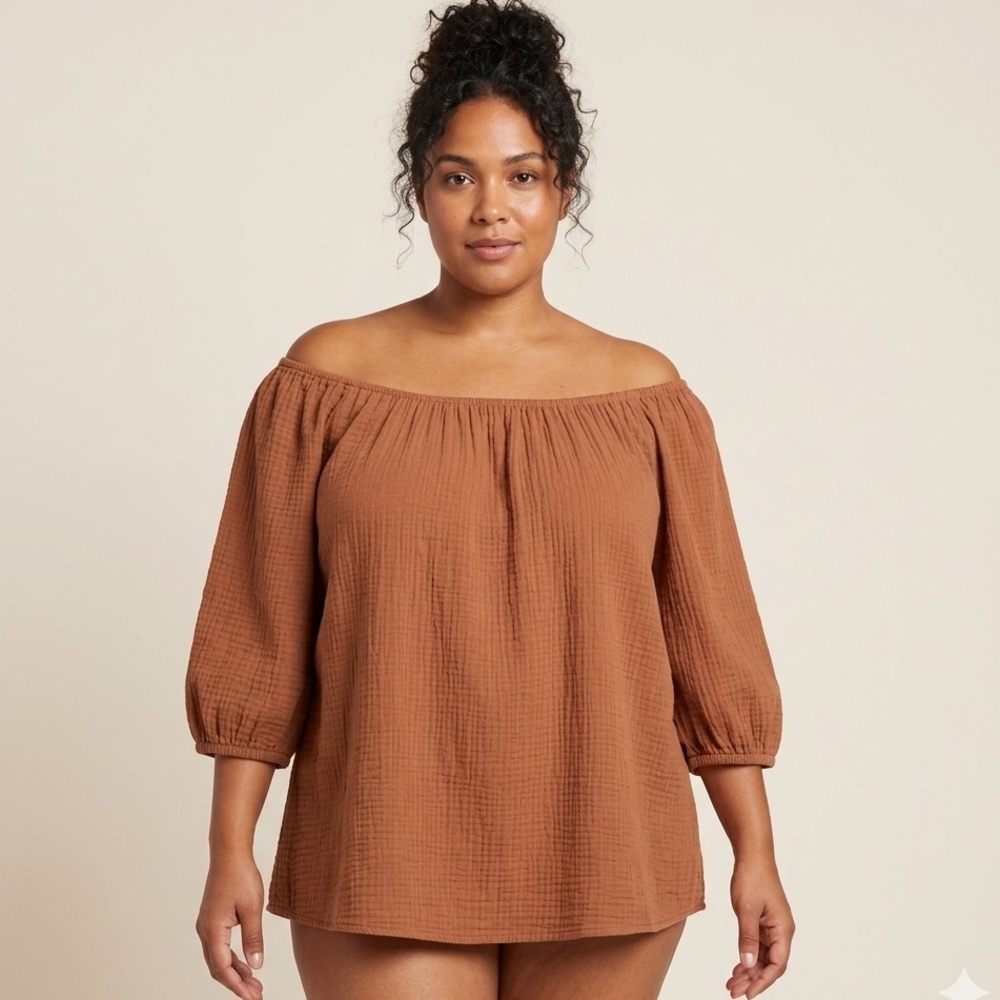 AVA & VIV Off-the-Shoulder Gauze Cotton Top in Warm Brown